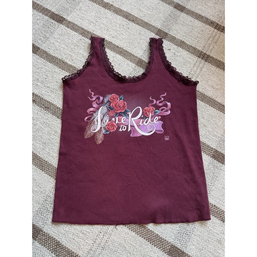 CMJ Y2K Lace Tank Top Women’s Large Chopper Design Love To Ride Maroon USA